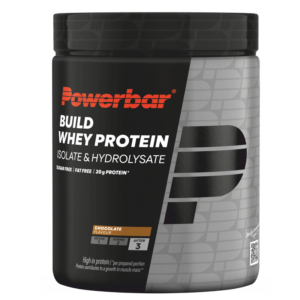 Black -Line-Build-Whey-Protein-Chocolate-Sportvoedingswinkel POWERBAR BUILD WHEY PROTEIN ISOLATE EN HYDROISOLATE POEDER CHOCOLATE 550G